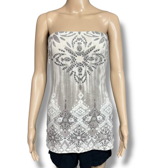 Maurices Womens Strapless Bandeau Tank Top with Shelf Bra Cream Silver Medium - Picture 1 of 11
